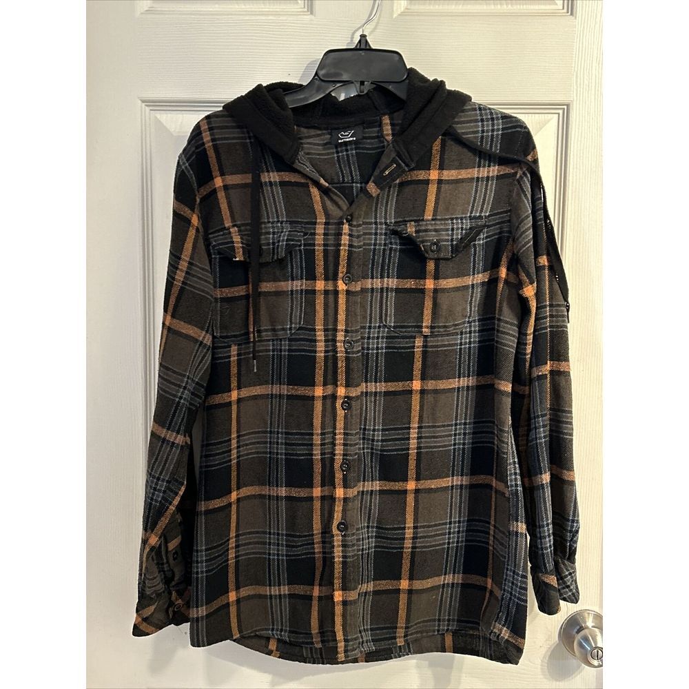 BURNSIDE Hoodie Mens Medium Black Plaid Flannel Button‎ Down Long Sleeves Jacket